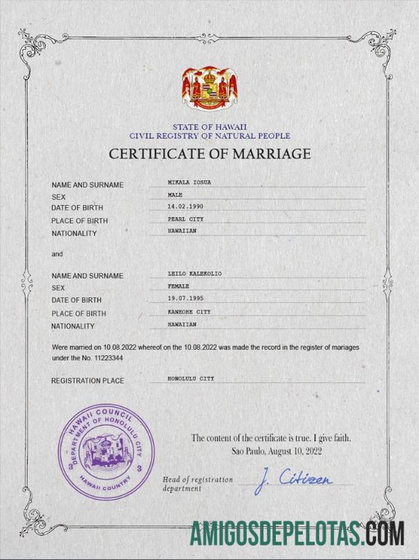 Realista modelo PSD de certidão de casamento no Havaí